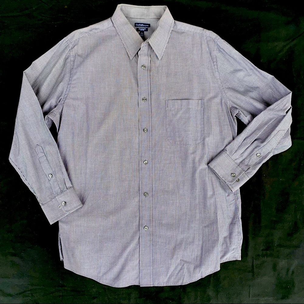 Croft & Barrow 17-32/33 Broadcloth Fitted Gray & White Striped LS BF Shirt Nice